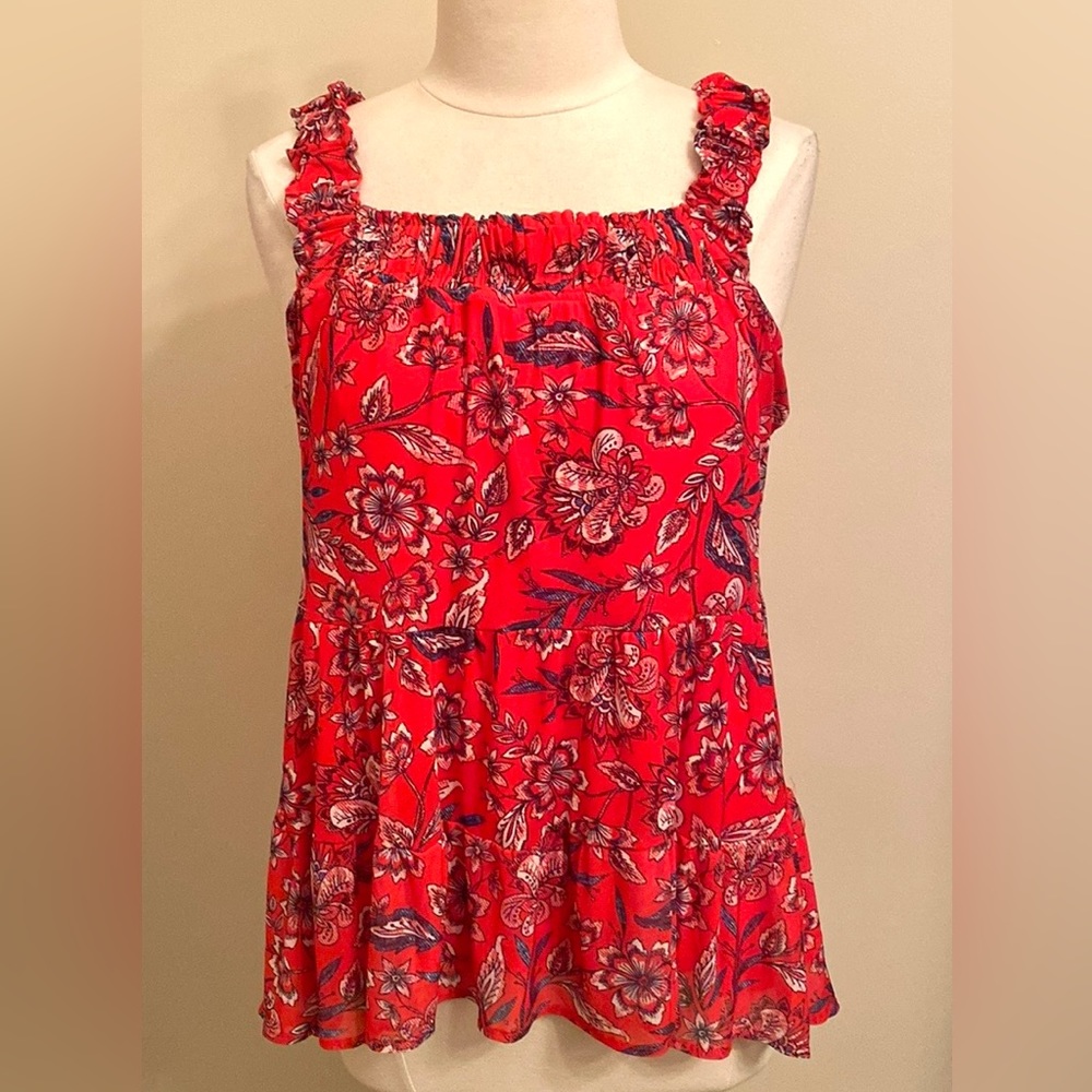 Maurices Red White Floral L Preppy Romantic Boho Chic Cottagecore Tier Tank Top
